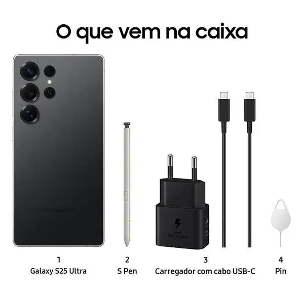 Smartphone Samsung Galaxy S25 Ultra 256GB 12GB RAM 5G Titânio Preto Tela 6,9 Polegadas Bateria 5000 mAh